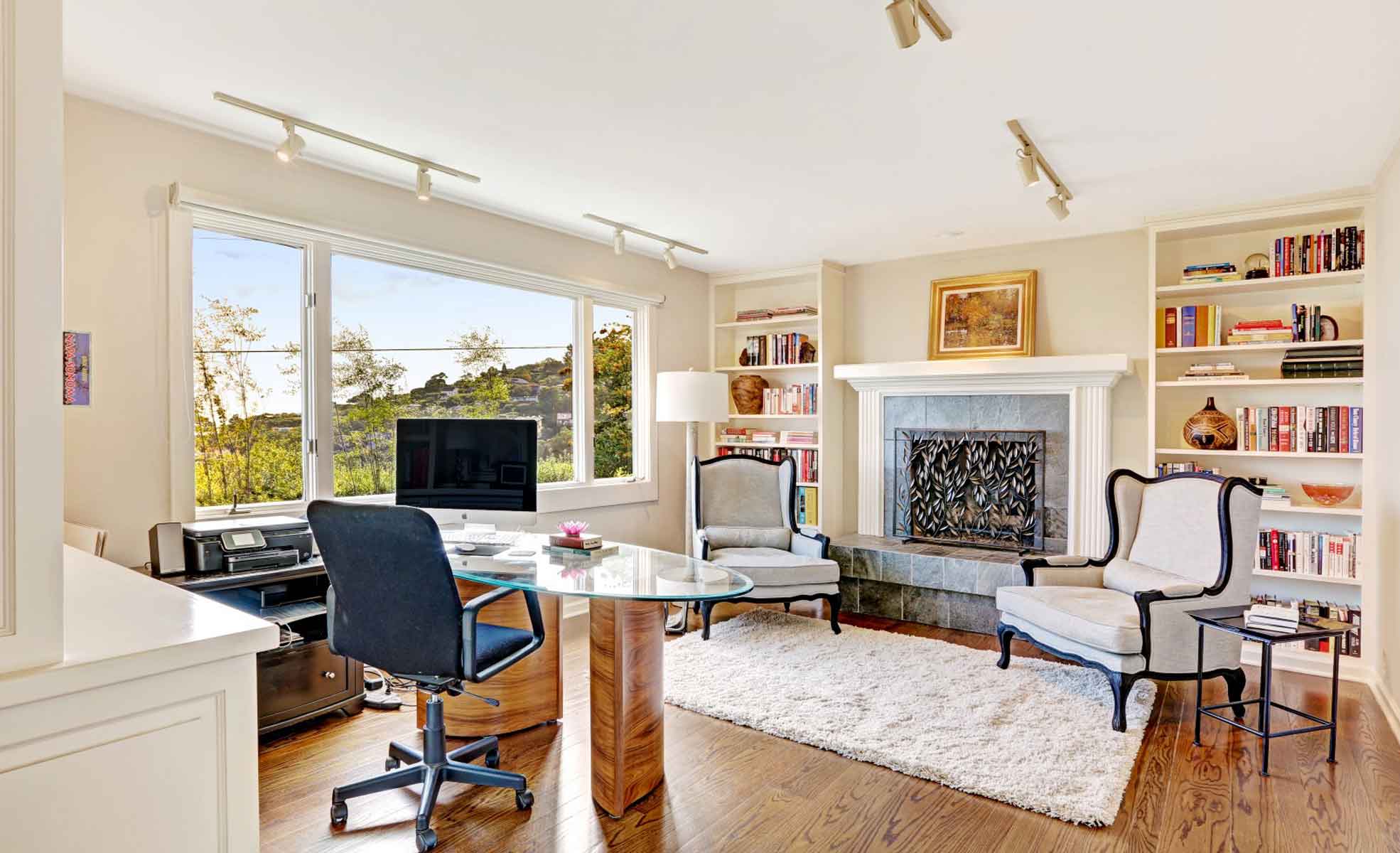 office with fireplace & bay views
