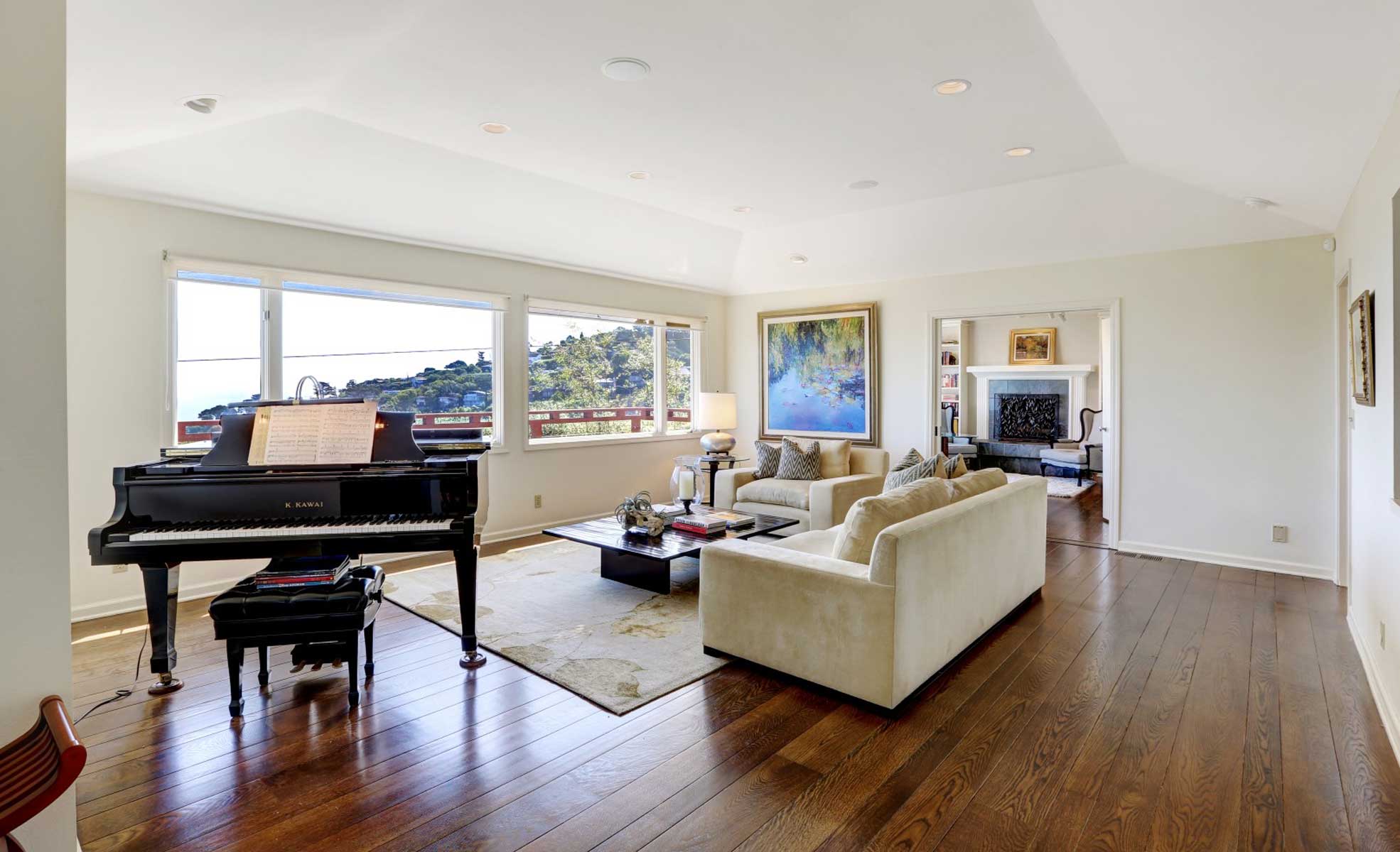 Living room, hardwood floors, bay views